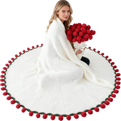 Image of Acteb Finished Crochet Flower Bouquet Blanket Valentine Gifts, Handmade Knitted Rose Flower Throw Blankets, White Elephant Gift for Adults Teens Kids Funny Useful, 61 Inch