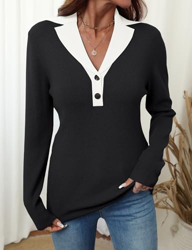 Image of LOMON Sweaters for Women 2025 Fall Knitted V-Neck Collared Button Pullover Dressy Casual Long Sleeve Polo Shirts Business