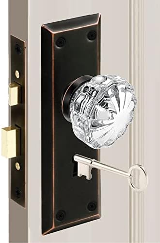 MaxxGeek Antique Mortise Keyed Lock Set with Fluted Glass Knobs and Skeleton Keys, Fits 1-3/8"-1-3/4" Interior Doors, Backset 2-3/8", Oil Rubbed Bronze, 1 Pack