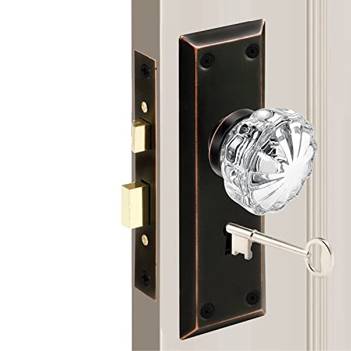 Maxxgeek Antique Mortise Keyed Lock Set With Fluted Glass Knobs And Skeleton Keys, Fits 1-3/8"-1-3/4" Interior Doors, Backset 2-3/8", Oil Rubbed Bronze, 1 Pack #TOP2
