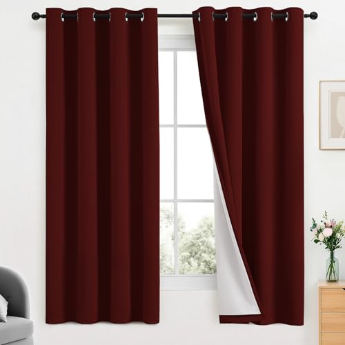 Yakamok Room Darkening 100% Blackout Curtains Grommet Window Treatments with 2 Thick Layers-Burgundy Red Thermal Insulated Drapes Set of 2 Panels for Bedroom Living Room 52 Inches by 63 Inches Length