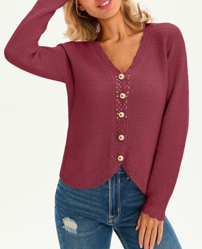 Image of Saodimallsu Womens V Neck Cardigan Sweaters Button Up Cropped Boho Knit Long Sleeve Loose Trendy Sweater Tops