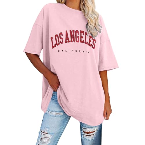Oversize Los Angeles Top da donna a maniche corte, girocollo, maglietta per adolescenti, ragazze, casual, casual, casual, estiva, a maniche corte, con stampa grafica, O rosa., XL