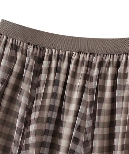 Womens Retro Plaid Tulle Skirts Trendy High Waisted A Line Pleated Layered Mesh Skirt for Party Prom4