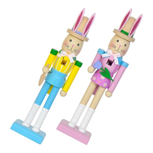 Amosfun Cascanueces de Madera Forma de Conejo de Pascua, Juego de 2 Piezas, Decoración de Mesa Central Primaveral, Adorno Coleccionable para Fiesta y Hogar, Figura Tallada a Mano