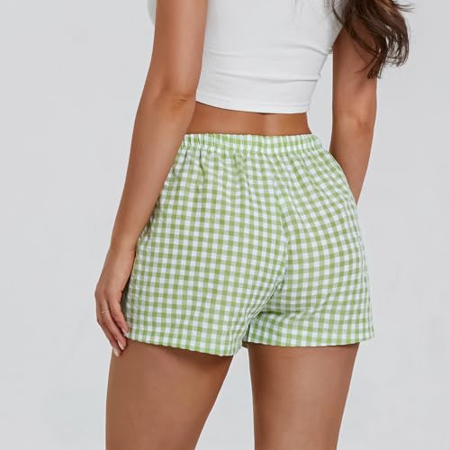 Image of Women Y2k Gingham Boxer Shorts Plaid Striped Cute Mini Bloomers Elastic Waist Loose Fit Summer Shorts
