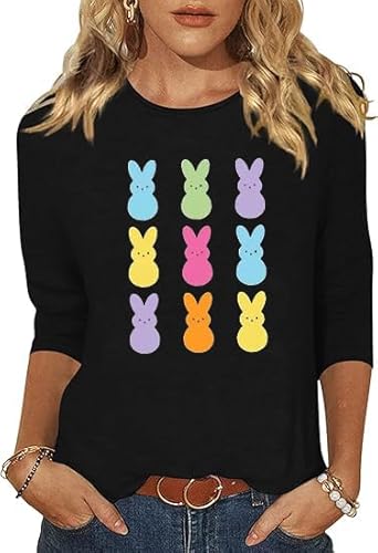 peugryu Women 3/4 Sleeve Shirts Cute Bunny Easter Eggs Graphic Shirts Spring Comfortable Basic Colorful Tops Blouse(FHJ01BK,Small)