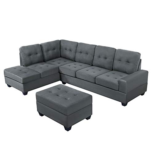 AUKUYEE 3 Piece Microfiber Sectional Sofa and Storage Ottoman L-Shape Couch Living Room Set, Reversible Chaise Lounge and Cup Holders, Gray - Thumbnail 3