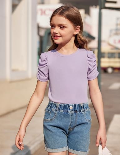 Image of Arshiner Girls Puff Short Sleeve Shirts Summer Ribbed Knit Crewneck T Shirt Tops Tee Blouse