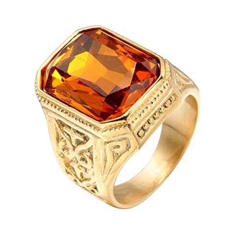 PAMTIER Men Women Stainless Steel Gem Square Fashion Personality Rings Jewelry Anniversary Gold Plated Orange Gemstone Size P 1/2 Cover