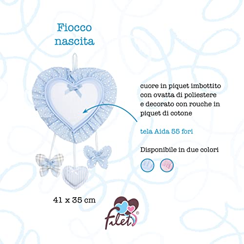 FILET, Aida Canvas Heart Shaped Birth Announcement Ribbon to Embroider, with Butterfly and Heart Shaped Pendants - Image 2