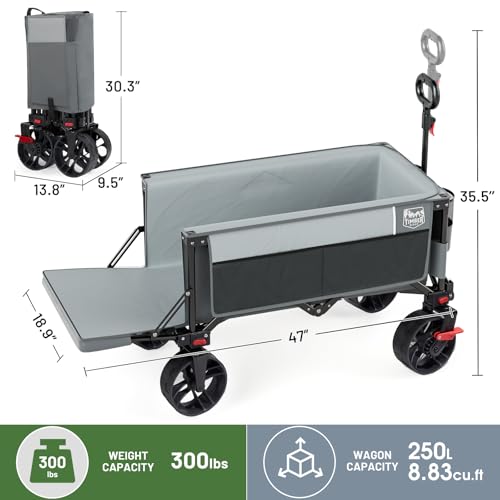 Image of TIMBER RIDGE 47 inch L Collapsible Wagon with Tailgate & Brake, 300 lbs Heavy Duty Beach Wagon with All-Terrain Big Wheels, 250L Foldable Utility Cart for Sand Camping Sports Shopping, Grey