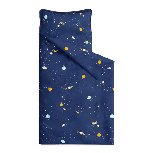 Image of Wake In Cloud - Toddler Nap Mat with Pillow and Blanket, 100% Cotton Fabric, for Kids Boys Ages 3 Plus in Daycare Kindergarten Preschool, Roll Up Sleeping Bag, Galaxy Spaces
