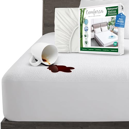 COMFORSA 100% Waterproof Mattress Protector Twin Size Fitted with Stretchable Pockets Machine Washable Cotton Premium Terry Mattress Cover 200 GSM Breathable (Twin (120x200x30)