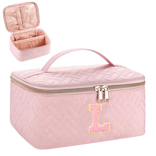 JRQCSJY Gifts Initial Makeup Organizer Bag for Girls, Chenille Letter Personalized Cosmetic Bag with Zipper & Handle | Preppy Quilted Portable Makeup Pouch Teen Birthday Gifts (L, Pink)