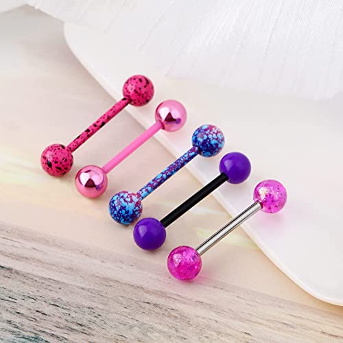 Jewseen 5PCS Pink Purple Acrylic Balls Tongue Barbell Splatter 316L Stainless Steel Bar Tongue Rings Piercing4