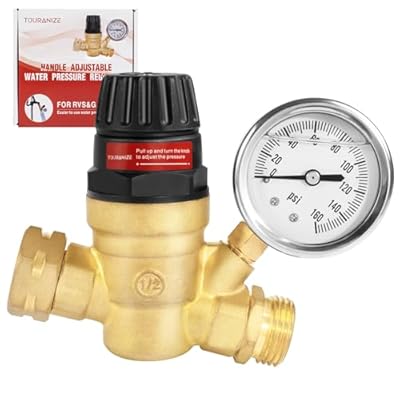 Touranize RV Water Pressure Regulator Valve, Handle Adjustable Brass Lead-Free RV Water Pressure Reducer with Gauge, for RV Camper Travel Trailer