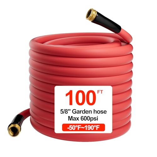Hot/Cold Heavy Duty Water Garden Hose -50℉ to 190℉, Water Garden Hose 100 ft x 5/8'', 600Psi & Lightweight & Flexible Rubber Hose with 3/4'' Brass fittings for Outdoor, Yard, RV