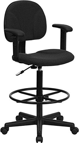 AKKAPEARY 42" Mid-Back Design Black Fabric Drafting Chair Adjustable Arms Foot Ring Swivel Seat Office Desk Table Study Room Home School Hotel Reception Cashier Living Room Furniture Decoration Gift