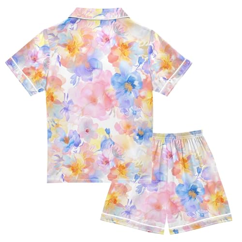 ALAZA Pastel Watercolor Flower Pajamas Satin Pajama Set Short Sleeve Button Down Sleepwear2