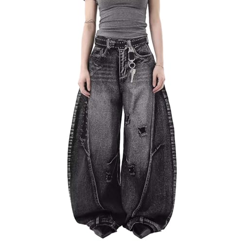 Baggy Jeans for Women Men Y2K Ripped Wide Leg Vintage Grunge Barrel Pants Hip Hop Harajuku Streetwear with Pockets