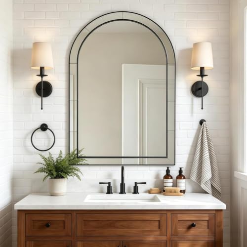 Image of MOON MIRROR Arched Mirror for Bathroom, Bathroom Mirrors for Over Sink, 26x38 inch Matte Black Non-Rusting Vanity Mirror in Delicate Tessellated Glass Design