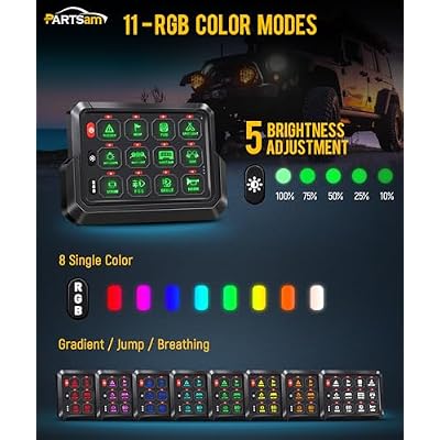 Partsam 265 Ft Wireless RGB 12 Gang Switch Panel Universal Circuit Control Relay System Box Toggle Momentary Strobe Switch Pod w/3 Silicone Button 5 Brightness Levels for Offroad Truck RV ATV UTV Boat