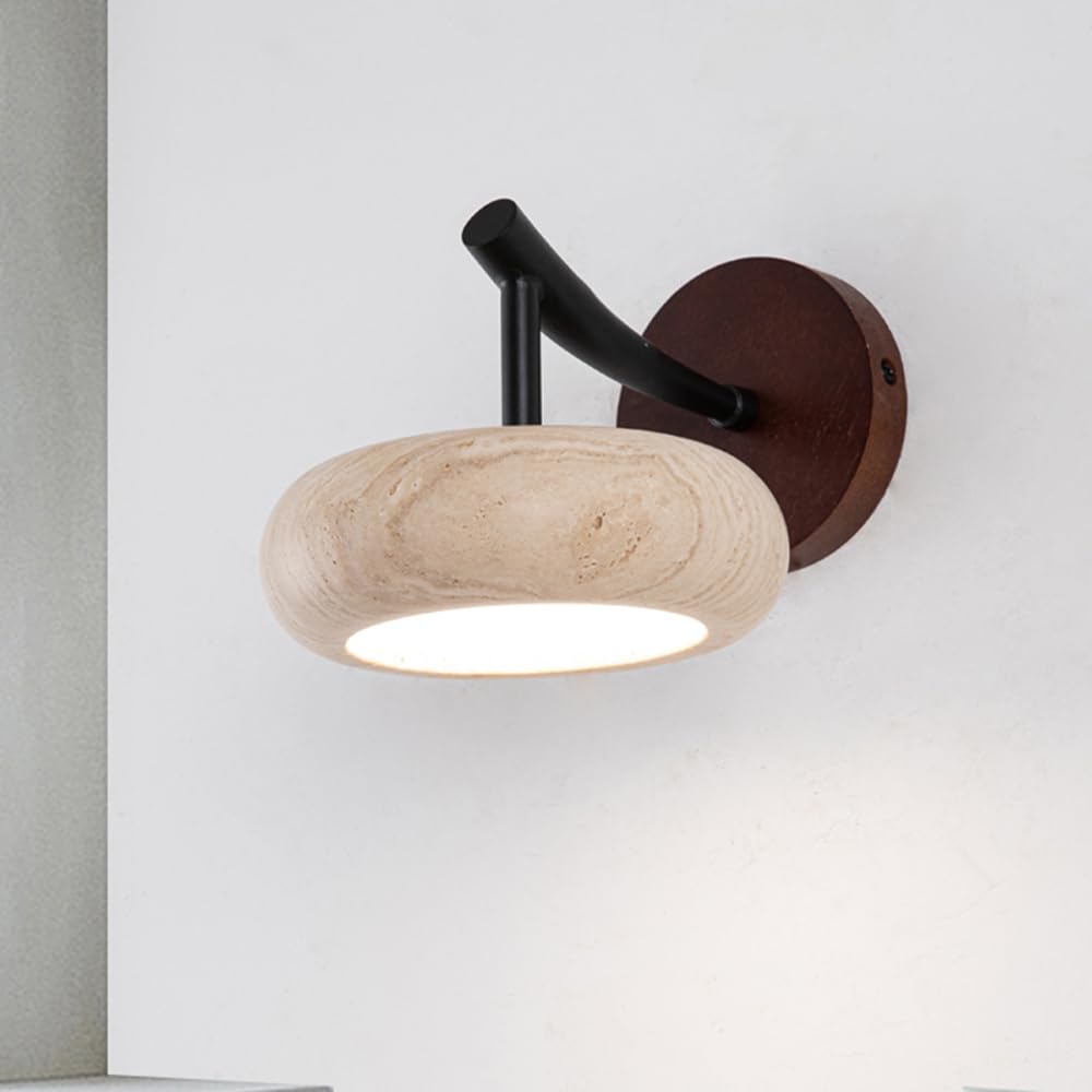 HUAYUSEDF Yellow Travertine Wall Sconce Hardwired Natural Marble Black Single Sconces 3000K Bathroom Vanity Light Fixture Stone Lighting St