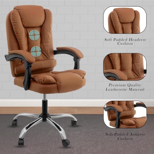 Image of Casa Copenhagen Italia Premium Leatherette Office Chair for Work | Boss Chair, Ergonomic Executive, Luxurious Cushioned Arms & Seat, 2 Point Back Massager, Heavy Duty Metal Base (Mud Brown)