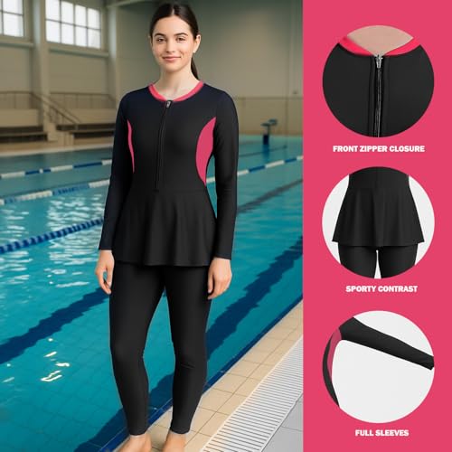 Image of Hacer Frock Style Swimwear with Padde Full Sleeve Bodysuit Swimming Costume Full-Length One Piece Swimsuit for Pool Beach Women (M, 34, Black)