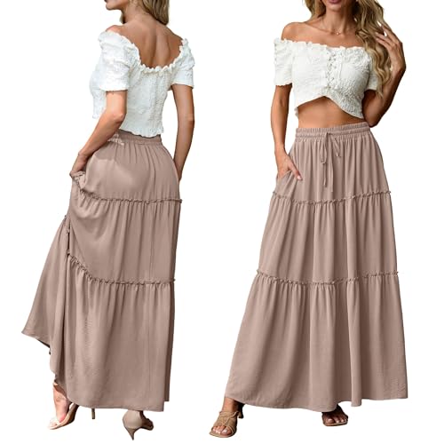 Image of Lepunuo Womens Casual Boho High Waisted Flowy Maxi Skirts Tiered Floral Long Skirts with Pockets for Summer Beach Vacation
