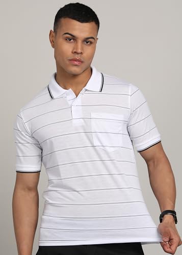 Image of INKKR Men Striped Polo Neck Cotton Blend T-Shirt