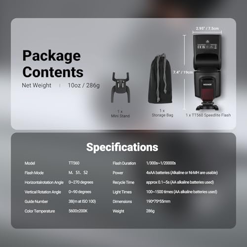 Neewer TT560 Flash Speedlite para Canon Nikon Sony Olympus Panasonic Pentax Fujifilm Sigma Minolta Leica y Otros SLR Digital Cámaras en un Solo Contacto Zapata
