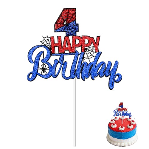 Enfeite bolo aniversário aranha, decoração bolo temático lustre púrpura vermelho e azul de dupla face para decorar festas desenhos animados (Número 4)