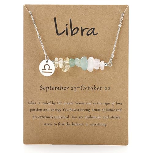 Crystal Necklace for Women – Natural Stone Beads, Zodiac Charm, Adjustable Silver Chain Jewelry (Libra)