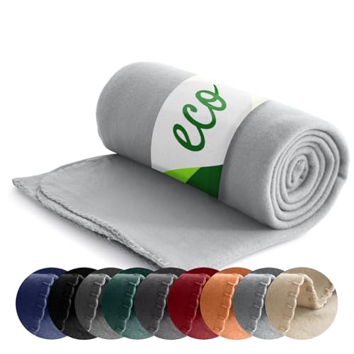 Wometo Couverture polaire en matériau 100 % recyclé Certifiée Oeko-Tex et GRS, 130 x 160 cm environ 400 g, Gris clair lourd avec bord anti-boulochage et...