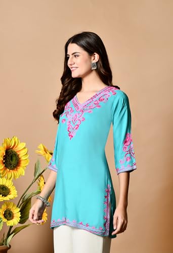 Image of LIBOZA Embroidered Kashmiri Tunic Top, Short Kurti for Women on Jeans, V-Neck, 3 /4 Sleeve, Floral Design,