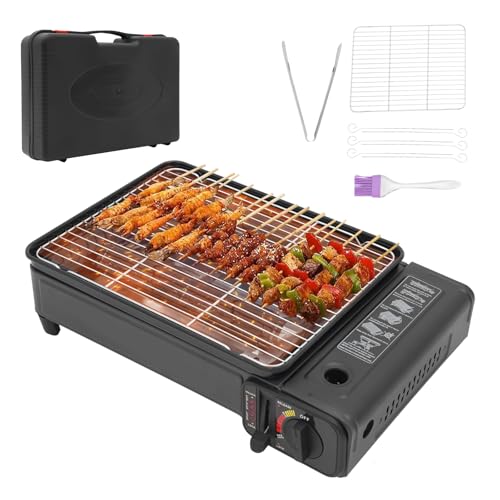 Barbacoa portátil de camping de 2,2 kw, 42 x 26 x 11 cm, barbacoa de gas de 160 g/hora, cocina de gas para exteriores, set de cocina de gas con 2 rejillas, bolsa de transporte, cepillo, pinza para