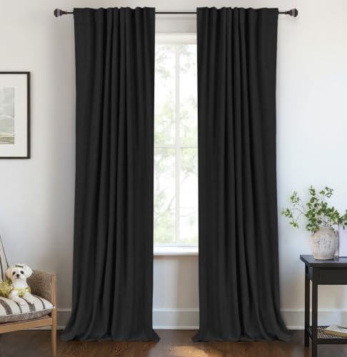 Image of Linen Textured Total Blackout Curtains for Bedroom 90 Inches Long, Black