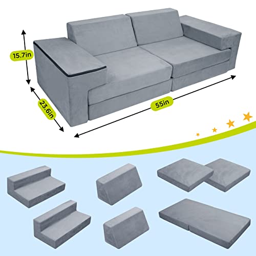 Dreamania Kids Sofa Couch 7Pcs, Premium Play Couch Toddler Fort For Toddler Child Teens, Modular Kids Couch For Bedroom Toy Living Room, Prefect Gift For Creative Girls & Boys, Grey #TOP2