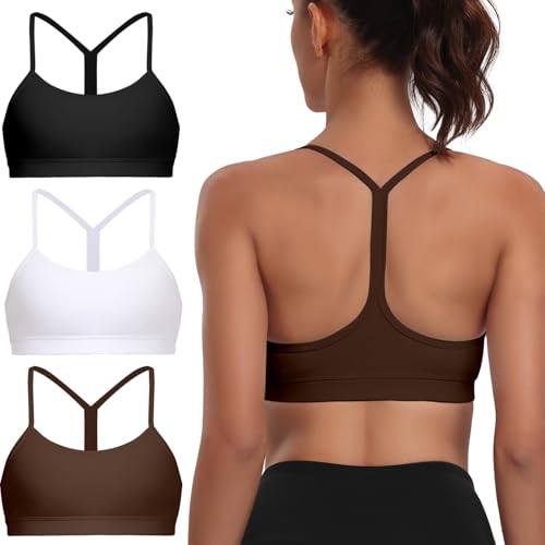 Image of Raxnode Women's 3-Pack Y-Back Sports Bra, Thin Spaghetti Strap Nylon Yoga Bra with Removable Cups, Light Support Bralettes