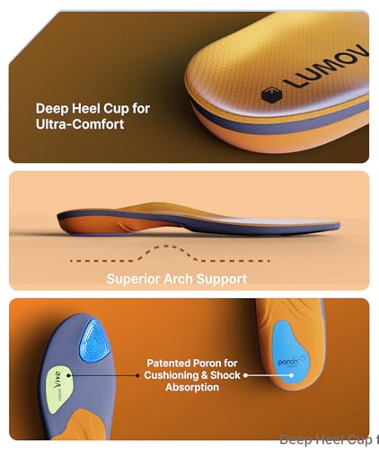 Image of Orthotic Insoles for Men & Women, Orange Nylon 5-Layer Poron, Gel & TPU Cushioning | Arch Support for Flat Feet, Plantar Fasciitis & Heel Spurs | Shock Absorbing, Trimmable | Pack of 2, Size XL