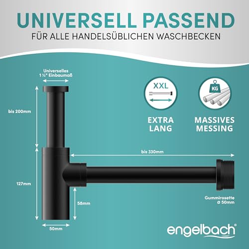 Engelbach® Design Siphon Waschbecken Schwarz - Mit Reinigungsöffnung - Universal Abflussrohr 1 1/4 - Geruchsverschluss, Syphon inkl. Gummimanschette und Anleitung