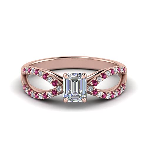Image of 55Carat Choose Your Gemstone Reverse Pave Split Shank Diamond CZ Ring Rose Gold Plated Emerald Shape Split Shank Engagement Ring Minimal Modern Design Birthday Gift Wedding Gift US Size 4 to 12
