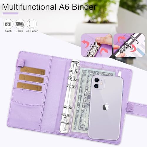 Image of Budget Binder Cash Envelopes for Budgeting Money Organizer for Cash Money Envelopes for Cash Leather A6 Budget Binder with Zipper envelopes (Purple)