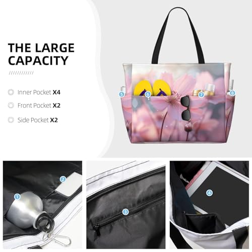 Pink Flower Print Large Capacity Foldable Washable Zipper Beach Travel Tote Bag ShoppingBag3