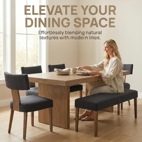 Image of HNY Mid Century Modern Dining Chairs Set of 6, Farmhouse Linen Upholstered Accent Chairs Curved Backrest Kitchen Chairs, with Hardwood Frame, Charcoal