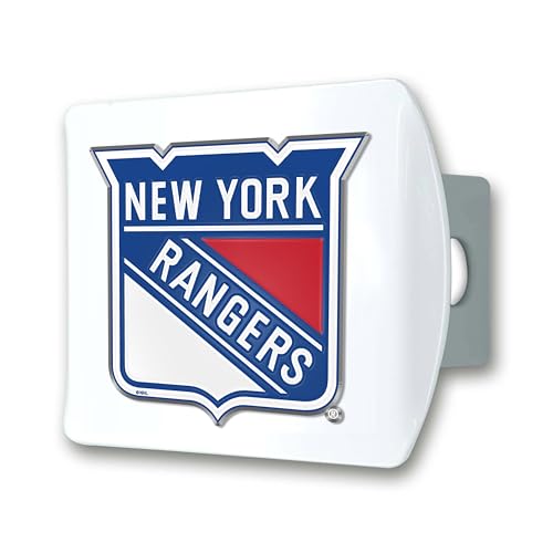 FANMATS 43898 NHL - New York Rangers Color Hitch Cover - White with Metal Chrome 3D Logo Emblem – Easy Installation on Truck, SUV, Car - Ideal Gift for Die Hard NHL Fan