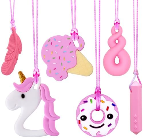 Sensory Chew Necklaces for Girls, 6 Pack Autism Teething Necklace Chew Toys Sensory for Kids with ADHD or Special Need, Silicone Chewable Necklaces Reduces Chewing Fidgeting for Children Adults Chewer