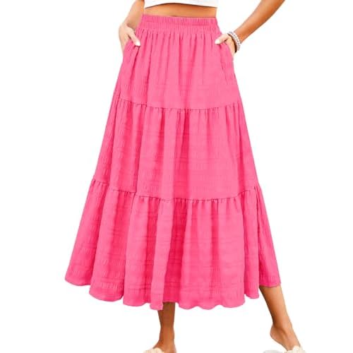 HUSKARY Women's Summer Casual Elegant Smock Layered Tiered Maxi Skirt High Waisted A Line Flowy Long Skirts with Pockets X-Small Beige